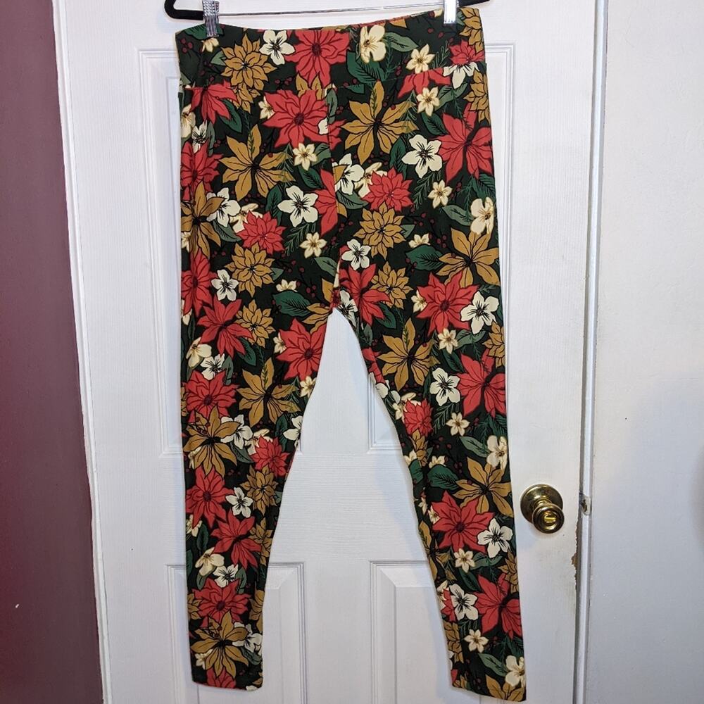 Lularoe Red White Gold Poinsettias Holly Berry Christmas Holiday Leggings TC2